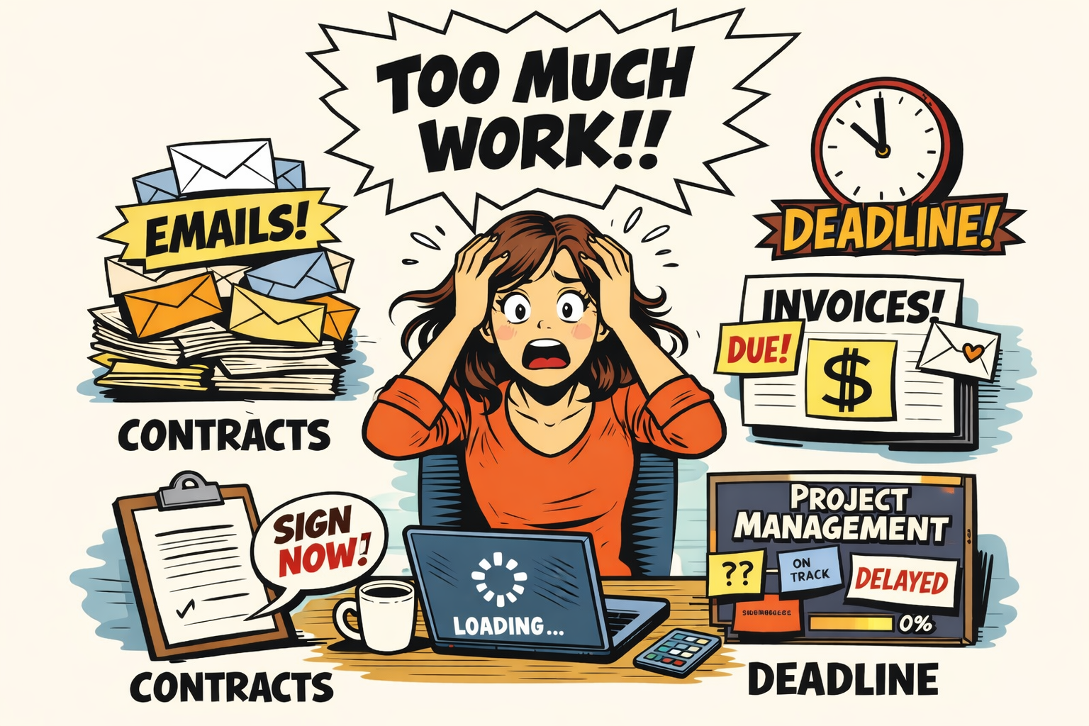 Freelancer overwhelmed by emails, invoices, contracts, and deadlines